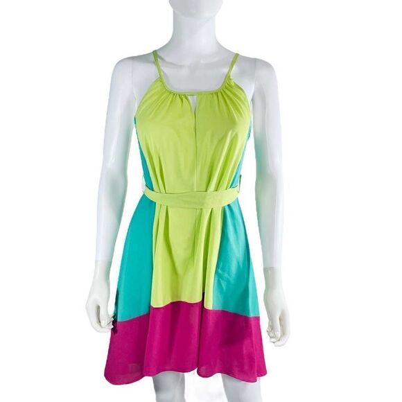 Hot & Delicious Flowy Sleeveless Color Block Neon Green Dress - Picture 8 of 8